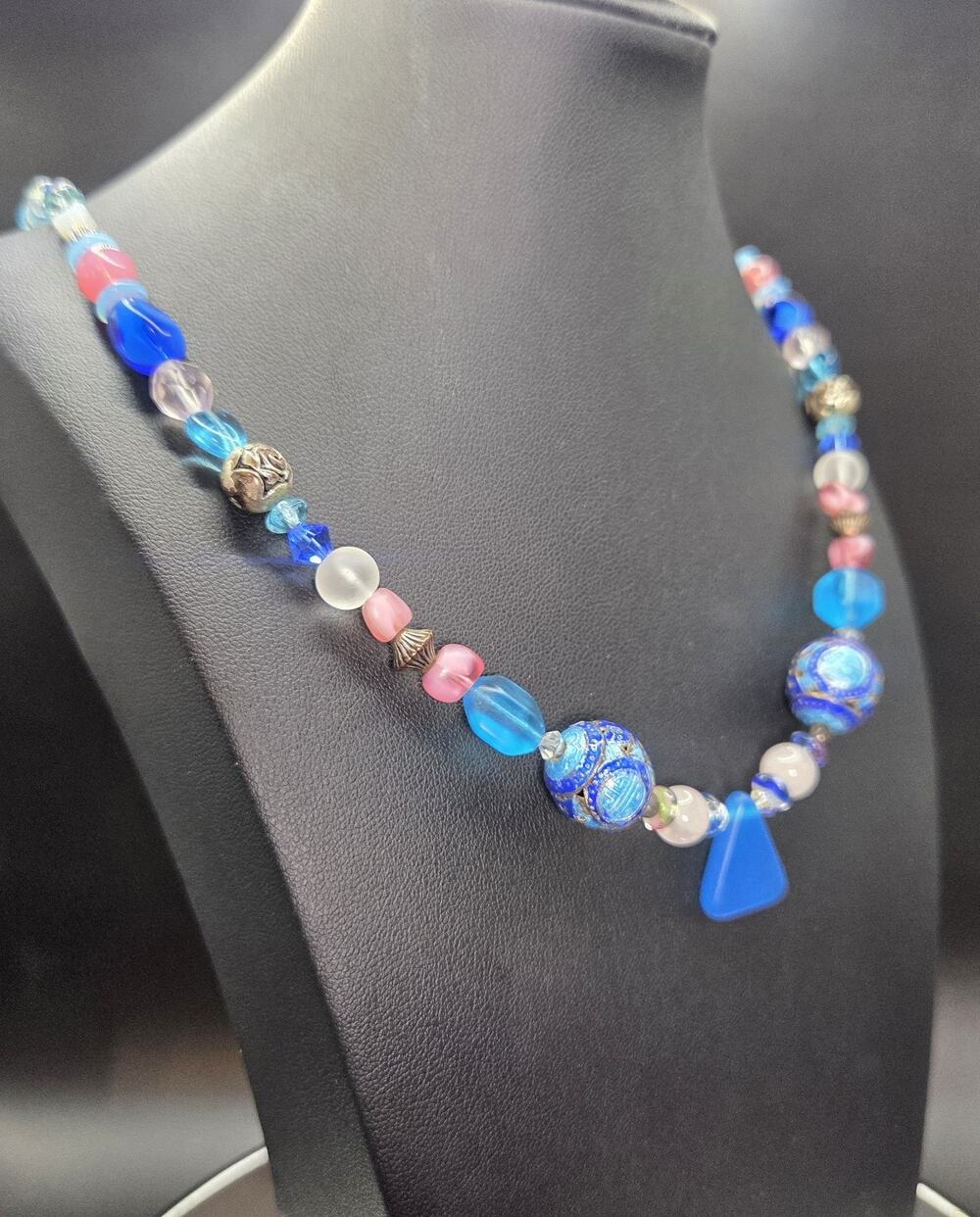 Vintage Chinese Cloisonne Enamel Necklace Sea Glass Pendant Blue Pink Brass 24”
